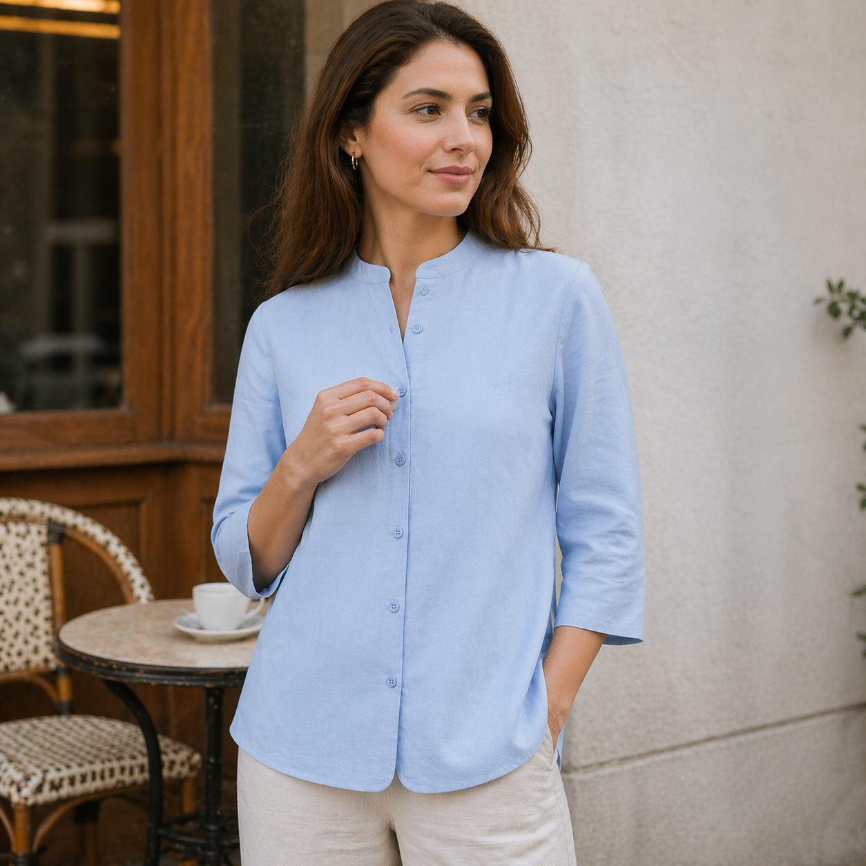 Leona - Women’s Linen High Collar Blouse