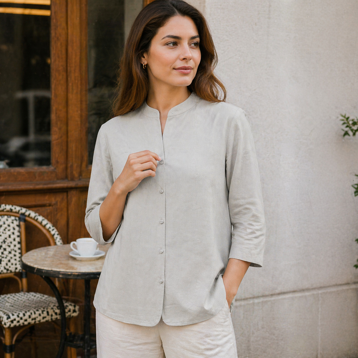 Leona - Women’s Linen High Collar Blouse