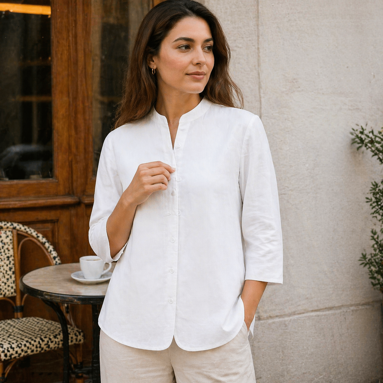 Leona - Women’s Linen High Collar Blouse