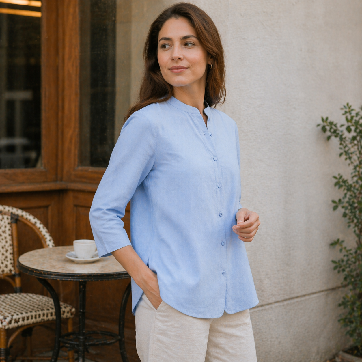 Leona - Women’s Linen High Collar Blouse
