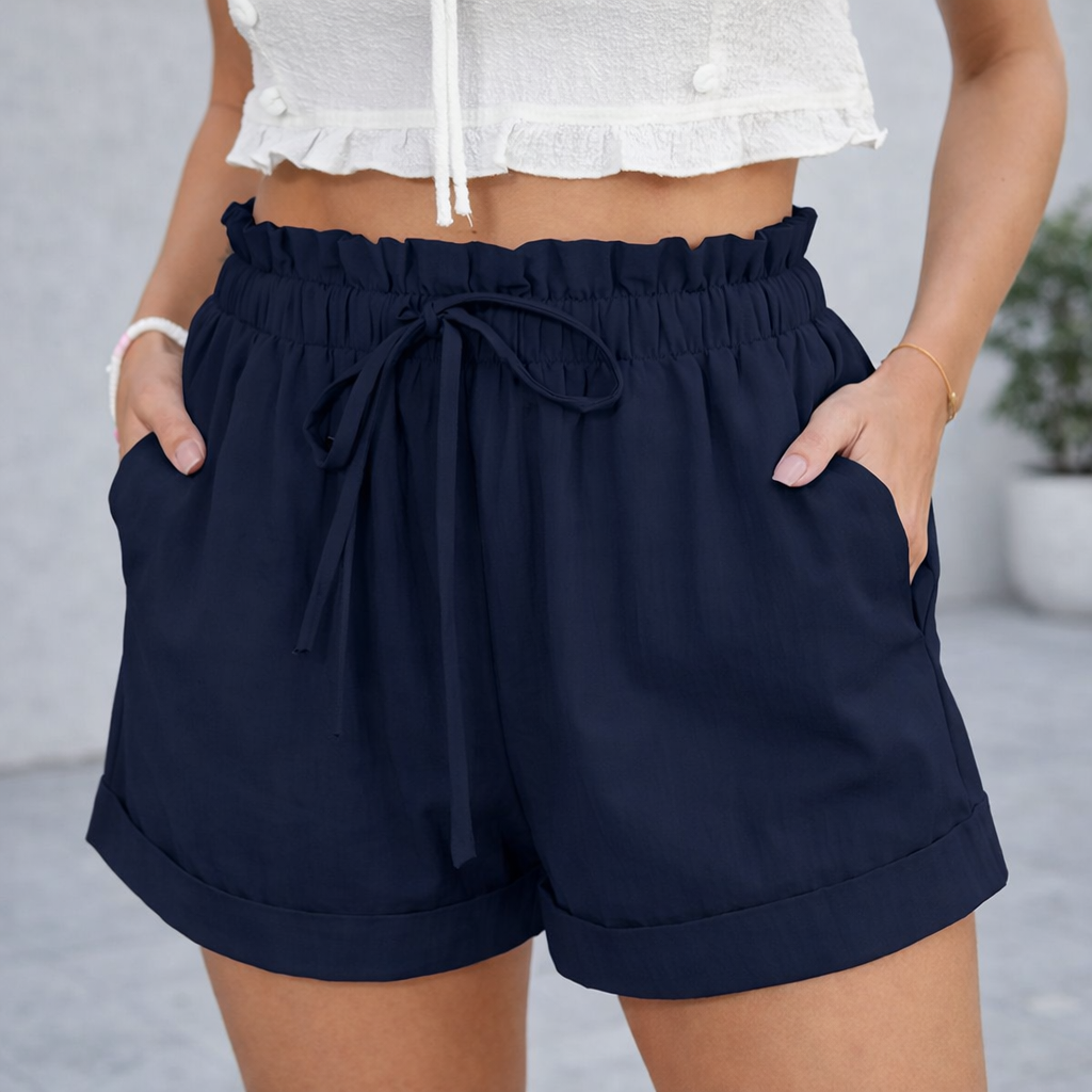 Elegant Women's High-Waisted Fabric Shorts - Pockets