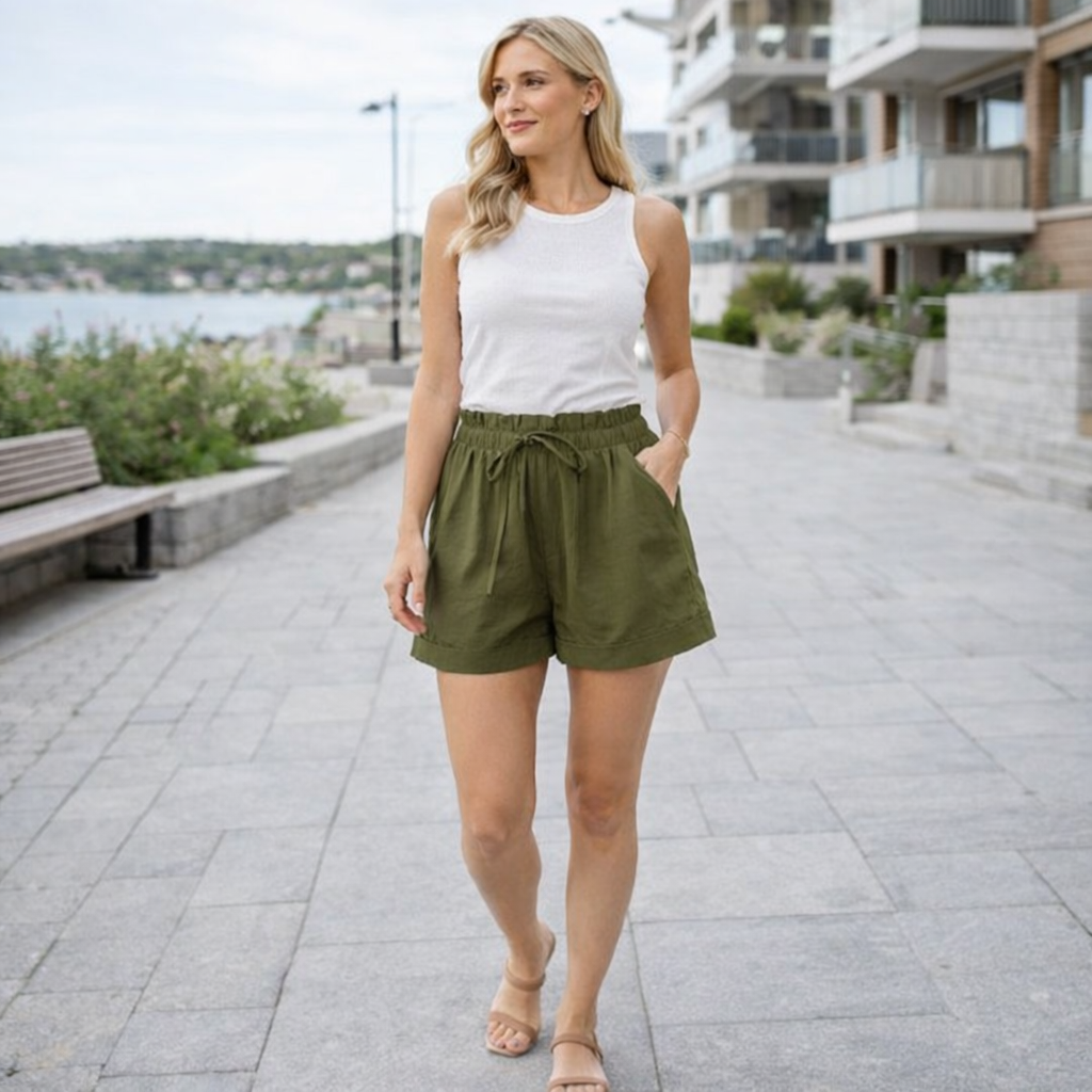 Elegant Women's High-Waisted Fabric Shorts - Pockets